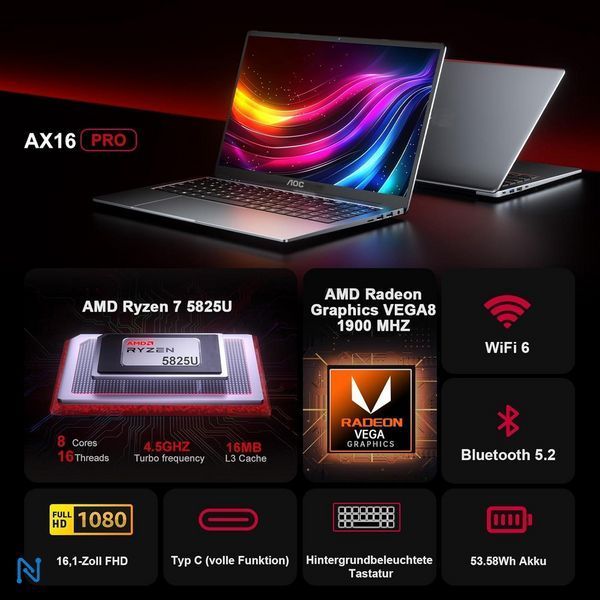 Ноутбук AOC AX16 PRO ,AMD Ryzen 7-5825U,16/512GB,RX Vega 8 ,Windows 11 Home,16,1`,серый AX16PRO фото